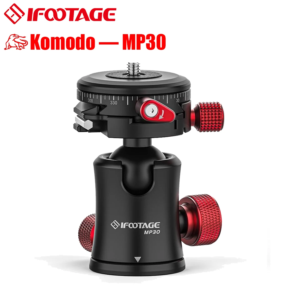 IFOOTAGE Ball Head Komodo MP30, Tripod Ball Head Mount 2 Asixs 360° Panoramic, Max Load 22lbs /10kg