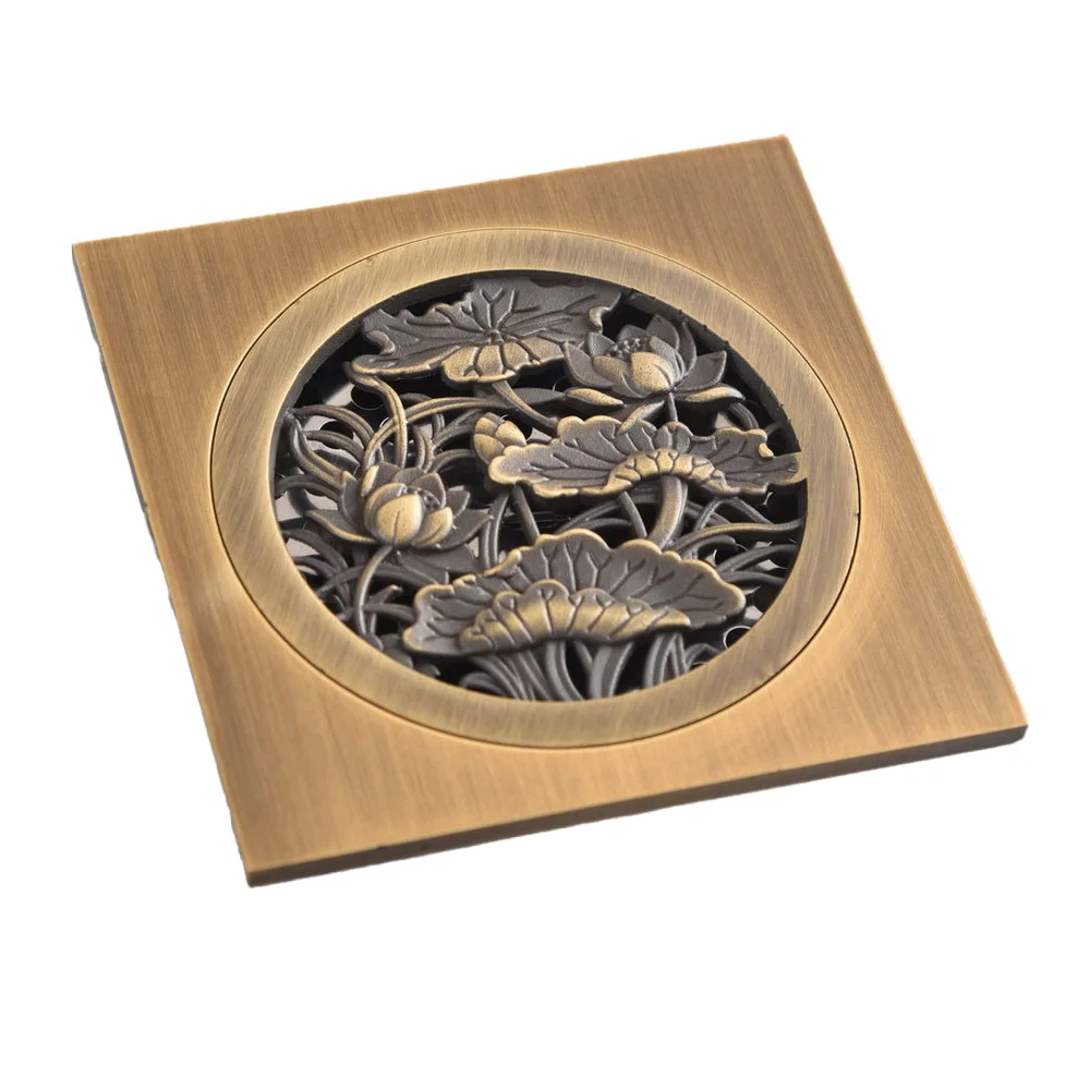Antique Brass Carved Flower Pattern Bathroom Shower Drain 4