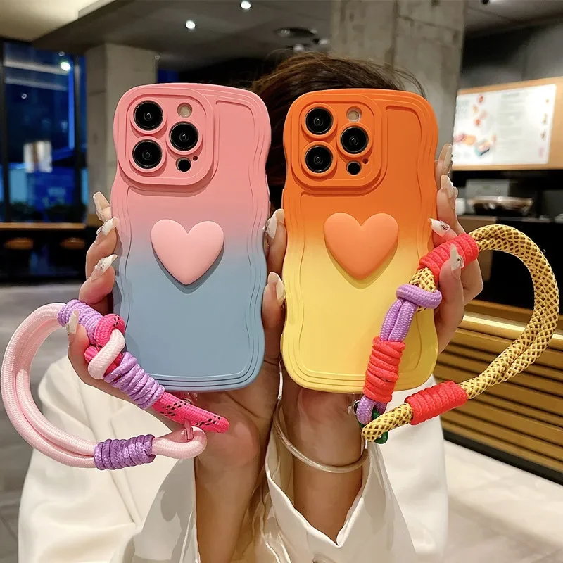 3D Cute Love Heart Gradient Curly Wave Phone Case with Wrist Strap Lanyard For iPhone 16 15 Pro Max 14 13 12 11 XS X XR 7 8 Plus