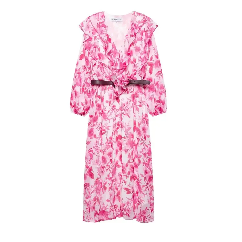 

Women's Beach Vacation Belt Floral Print Midi Sleeve Dress Fashion Ruffle Neckline Fashionable Women's Clothing