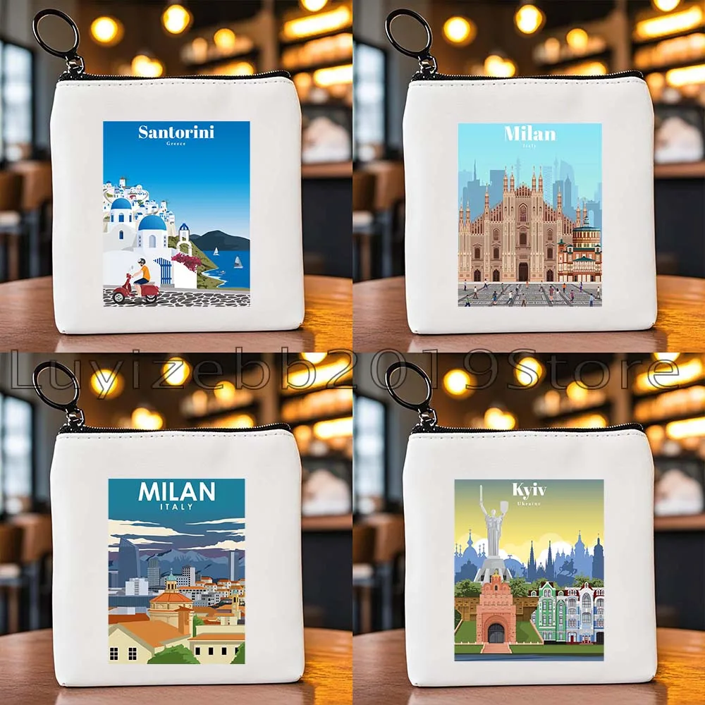 Monedero, Bolsa para Llaves, Cartera, Bolsa Pequeña de Viaje con Diseño de Lugares como Lago Como, Kiev, Milán, Río de Janeiro, San Diego, Santorini, Grecia, Sídney, Tokio, Phuket y Reykjavik
