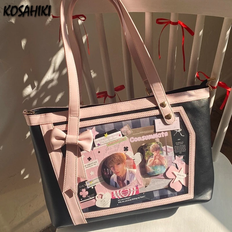 

Korean Transparent Women Ita Bag High-capacity Sweet Bow Office Lady Shoulder Handbags Contrast Color Fashion Vintage Tote Bags