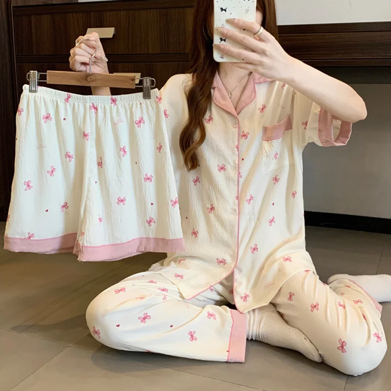

Women Summer Pajamas Three-piece Set Korean Sleepwear Short Sleeve Lapel Cute Bowknot Print Homewear Female Leisure Loungewear