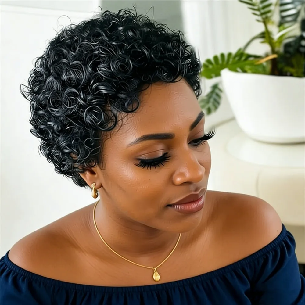 

Короткий афро-парик из натуральных волос, 4 дюйма, черный цвет, 150% плотность, волосы Remy, машинная работа, стрижка пикси, короткий кудрявый парик из натуральных волос.