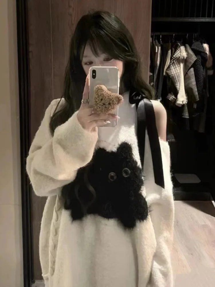 Cartoon Cat Vintage Sweater Off Shoulder Aesthetic Fashion Loose Knit Pullovers Harajuku Grunge Casual Y2k Tops Cute Pull Jumper