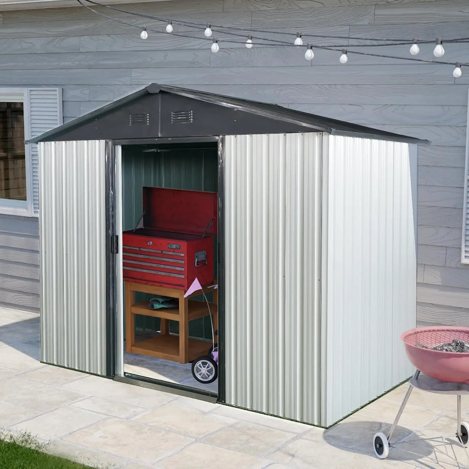 4x8 FT Metal Storage Shed with Frame Floor & Lockable Door, Waterproof Sloped Roof for Backyard Patio, White+Black, Customized