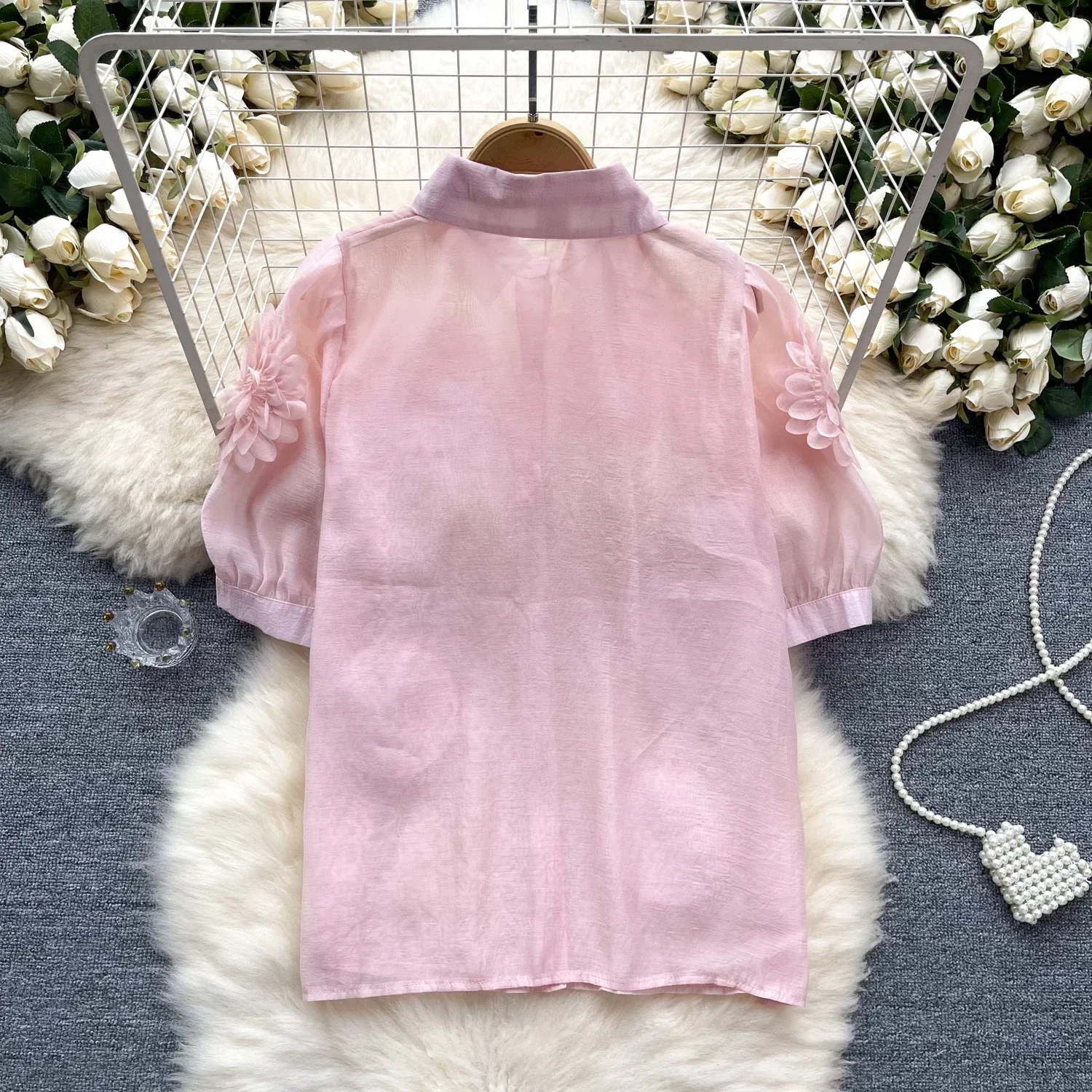 2025 New French Style 3D Floral Blouse Women Lapel Neck Short Sleeves Pearl Loose Top Fashion Hotsweet Sheer Chiffon Shirt