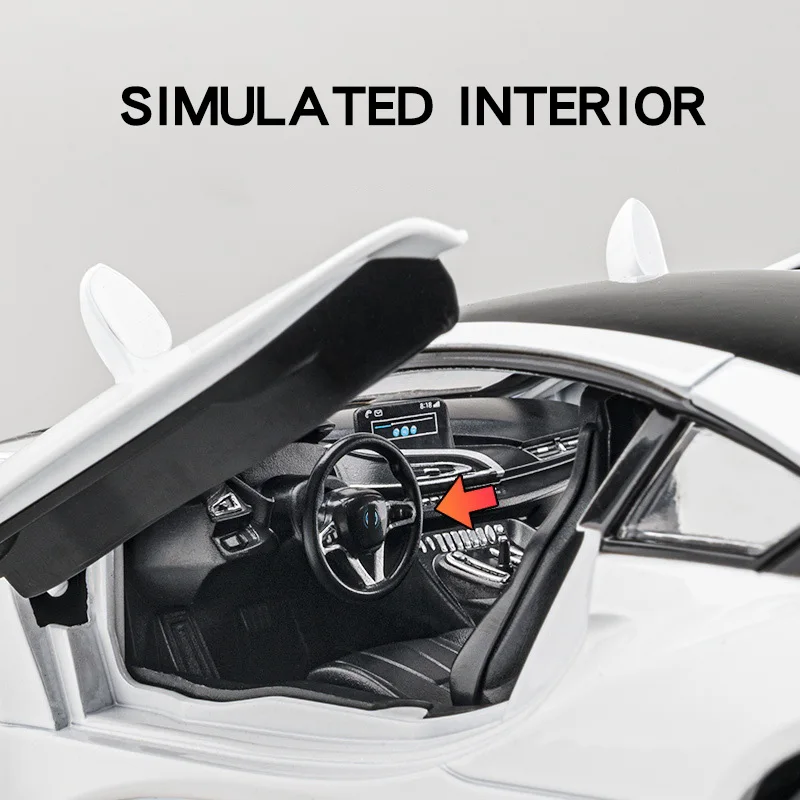 1:22 I8 Simulation Alloy Car Model Diecast Ornament Sound Light Pull Back Function Collection Boys Toys Gifts For Kids