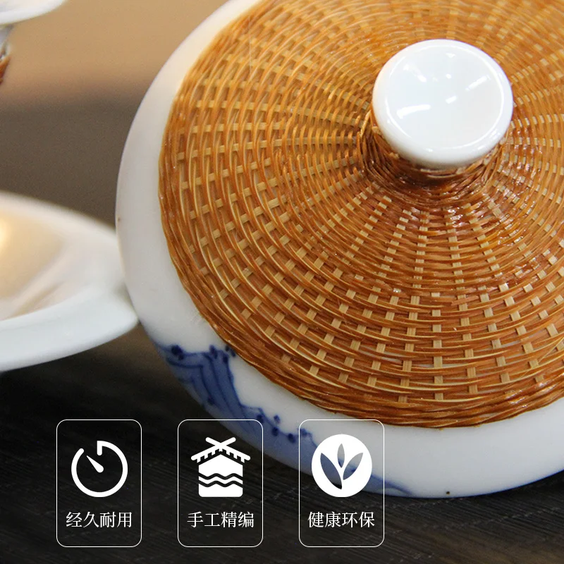 Non-Heritage Jingdezhen Exquisite Bamboo Silk Buckle Tureen Blue and White Porcelain Tea Brewing Bowl Household Business Gift