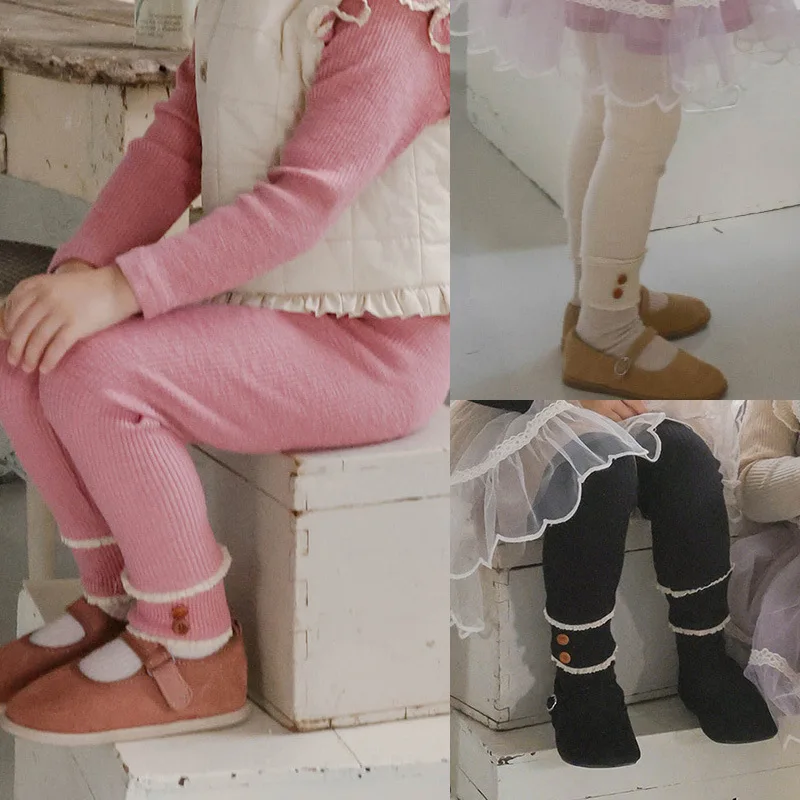 

UNITIM Kids Baby Girls Leggings Lace Knit Toddler Girls Buttons Tights New Winter Versatile Elastic Waist Infant Girls Leggings