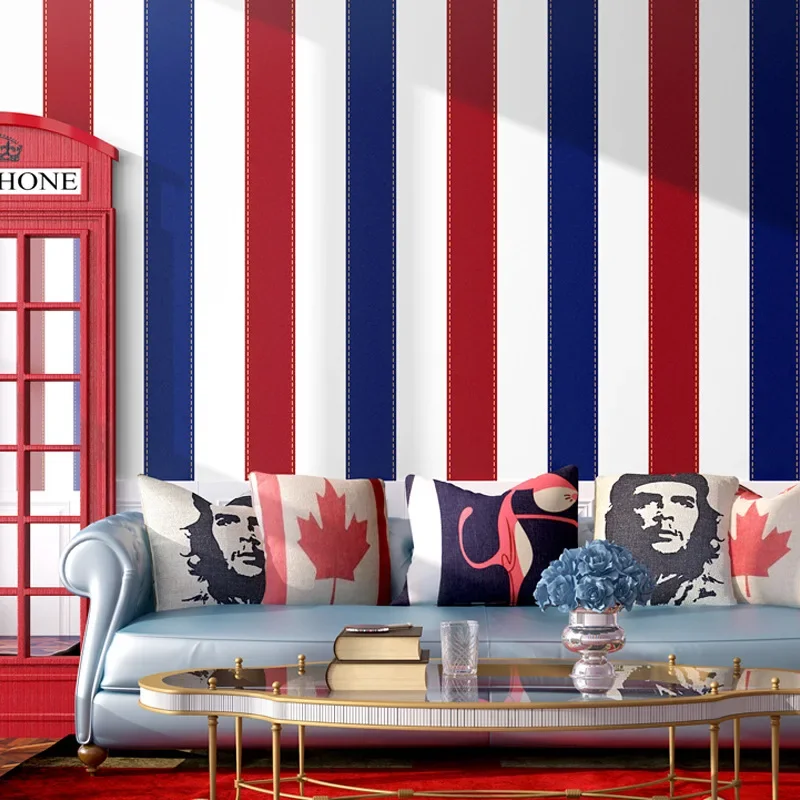 European and American Style Wallpaper European-Style Retro Boy Boy Bedroom Children's Room Red and Blue Vertical Stripes British