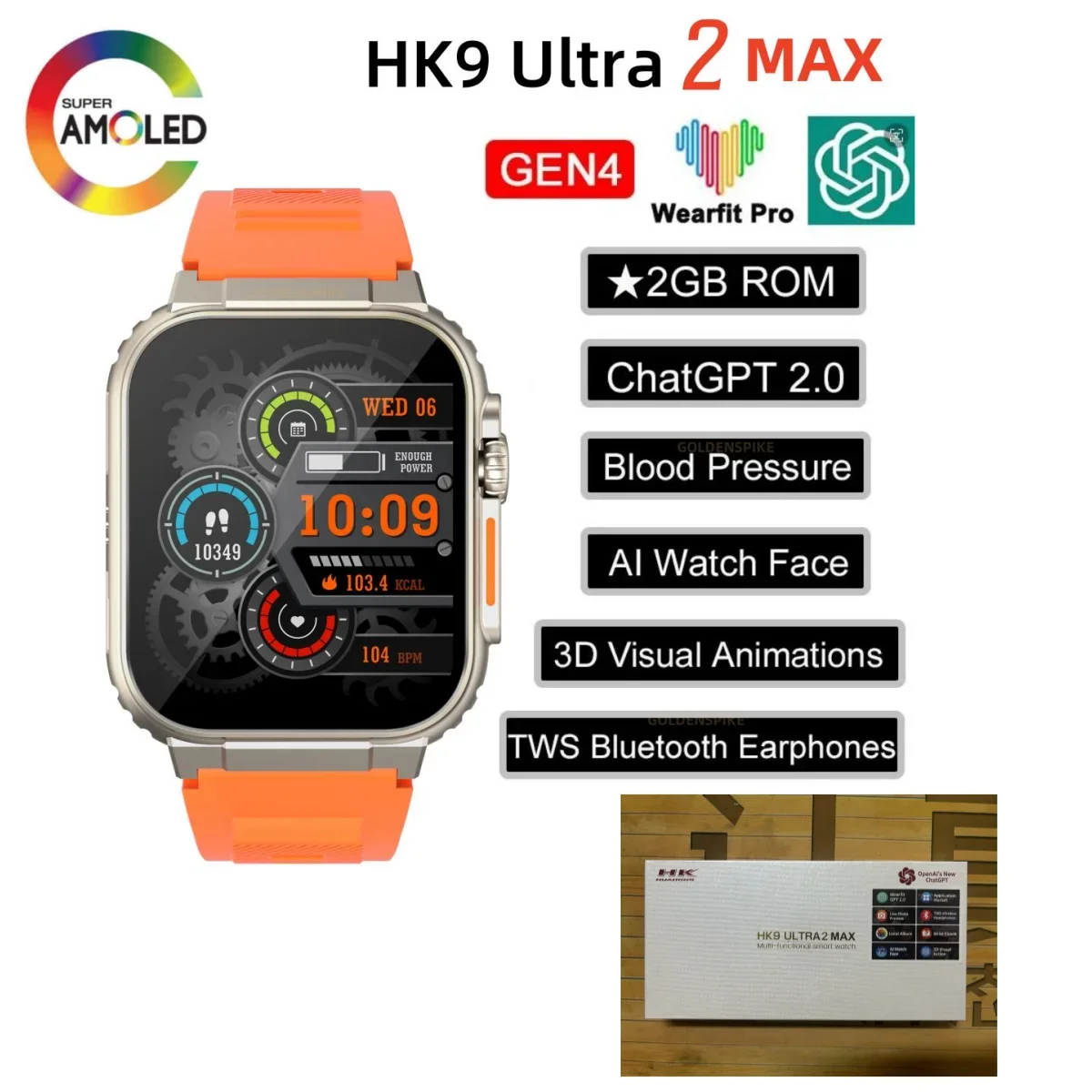 HK9 Ultra 2 Max Gen 4 AMOLED Smart Watch 2GB ROM NFC Compass ChatGPT Photo Album Connect TWS Smart Watch for Men Women 2024 New