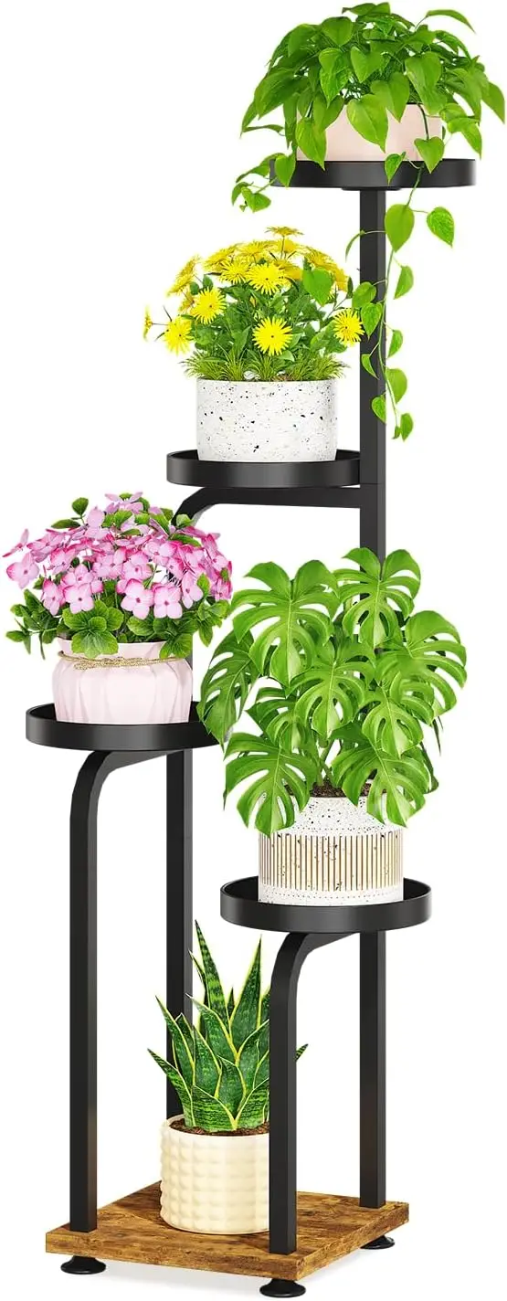 

5-Tier Tall Plant Stand with Metal Tray, Multi-Level Vertical Rack for Narrow Corners, Rustic Flower Shelving for Home Decor