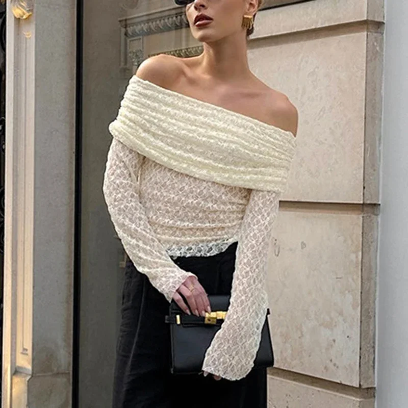 

One Shoulder Lace Top For Women Sheer Sexy Long Sleeve Jacquard T shirt Slim Fashion Commuting Spring New Female Clothes