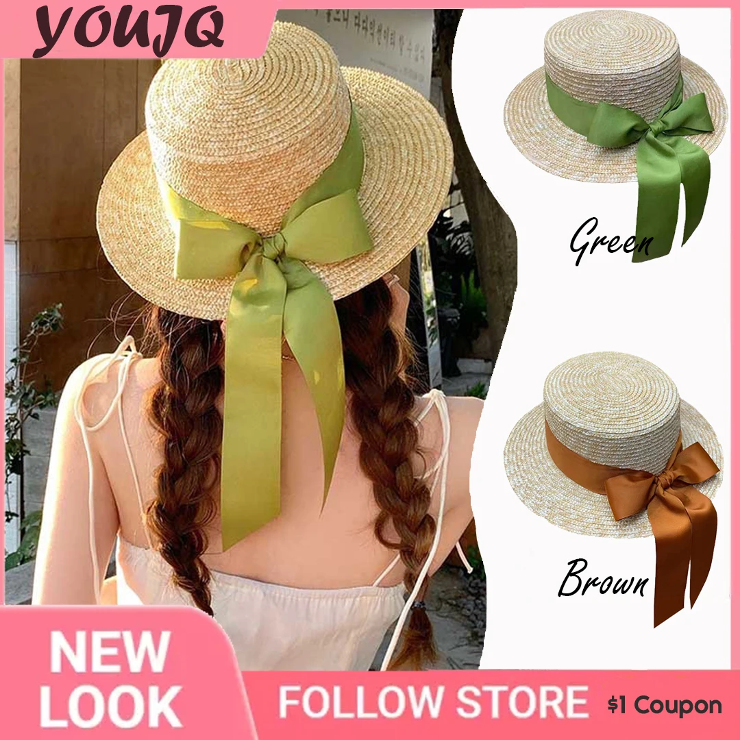 

Seaside Bow Ribbon Straw Hats for Women Panama Casual Sun Visor Flat Top Hat Beach Summer Holiday Travel Caps Lady Fedora Hat