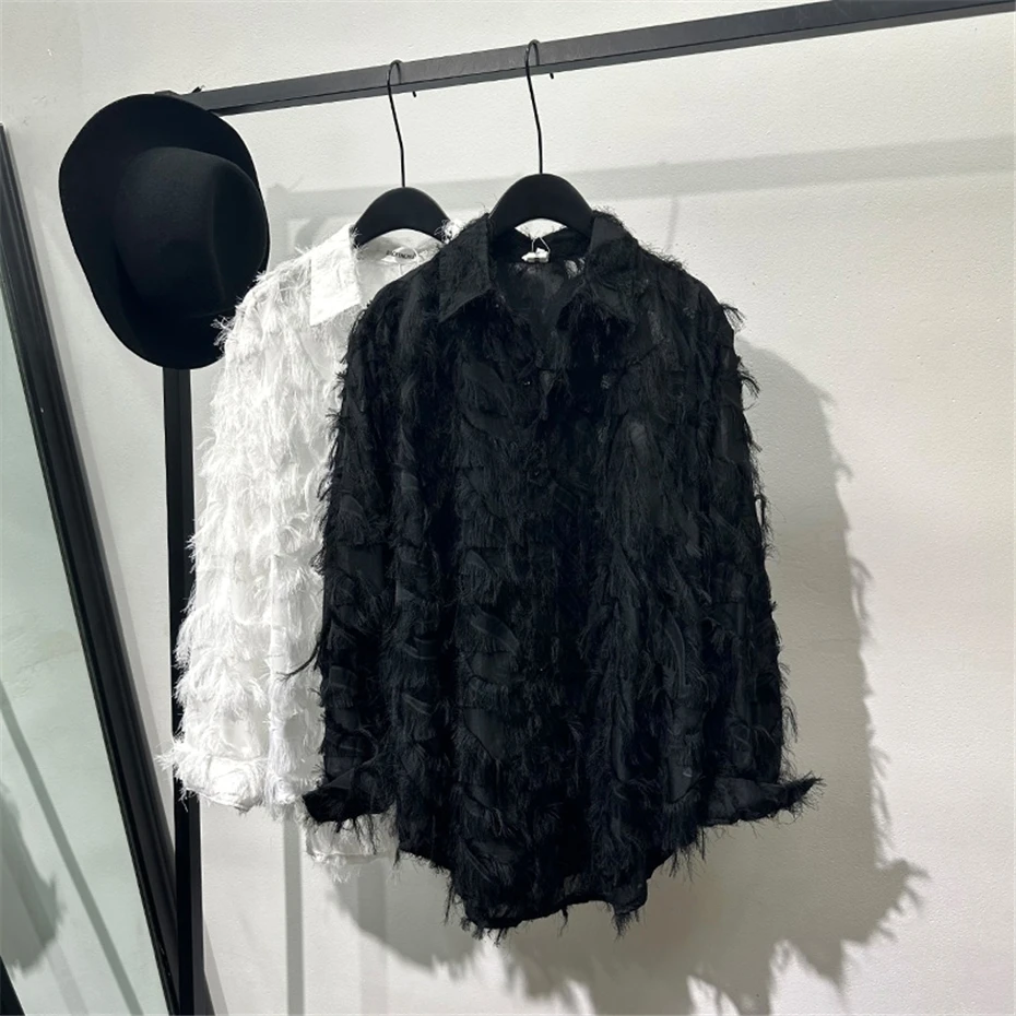 Hollow Feather Shirts Men Streetwear Hip Hop Punk Long Sleeve Shirt Oversized Harajuku Vintage Casual Blouse Coat Tops Male