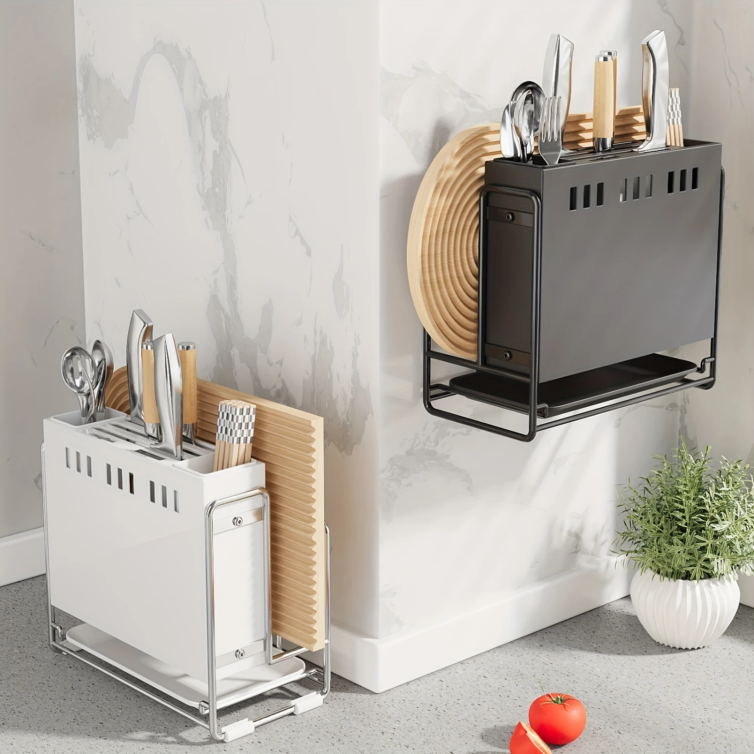 Utensil Holder, Wall-mounted  Chopsticks Frame, Vertical Tableware Rack With Drain Tray And Cutting Board, Multifunctional Kitch