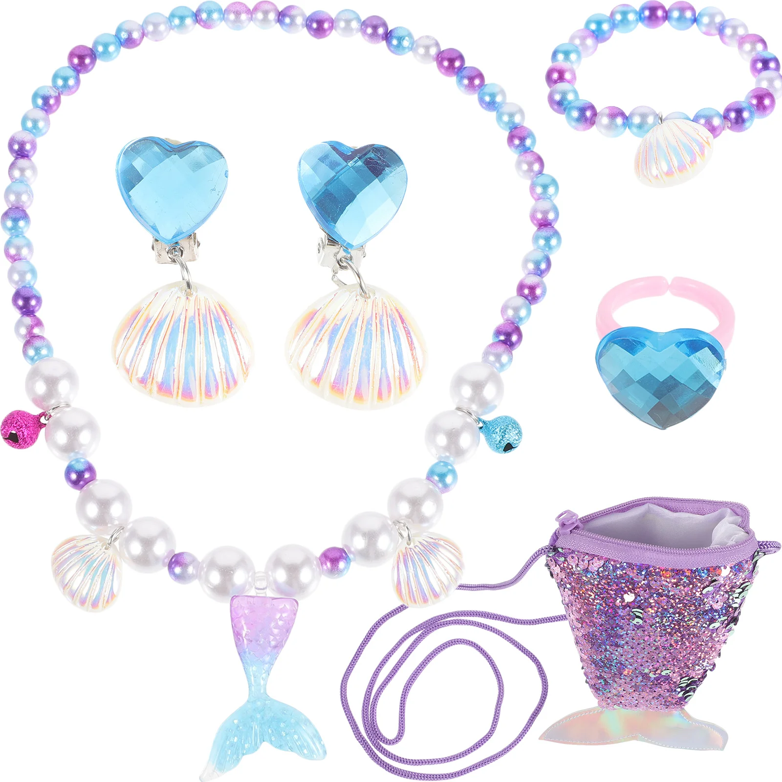 

1Set Little Girl Necklace Bracelet Seashell Ring Ear Clip Earrings Jewelry Set Theme Party Accessories