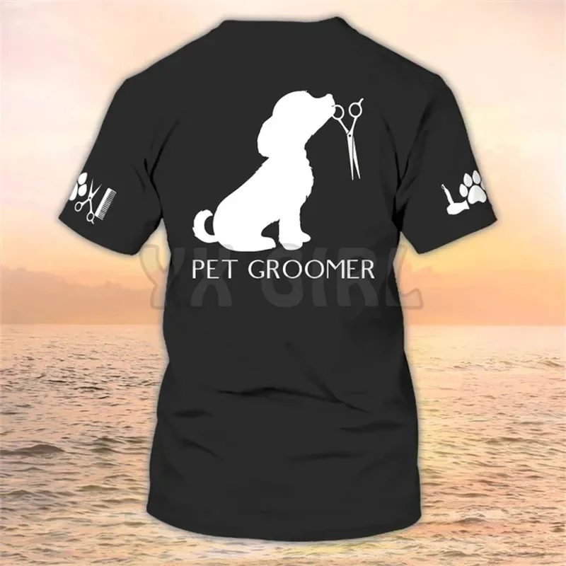 Camisa de aseo para mascotas con nombre personalizado, uniforme de aseo para mascotas, camiseta 3D blanca para salón de mascotas, verano 2024