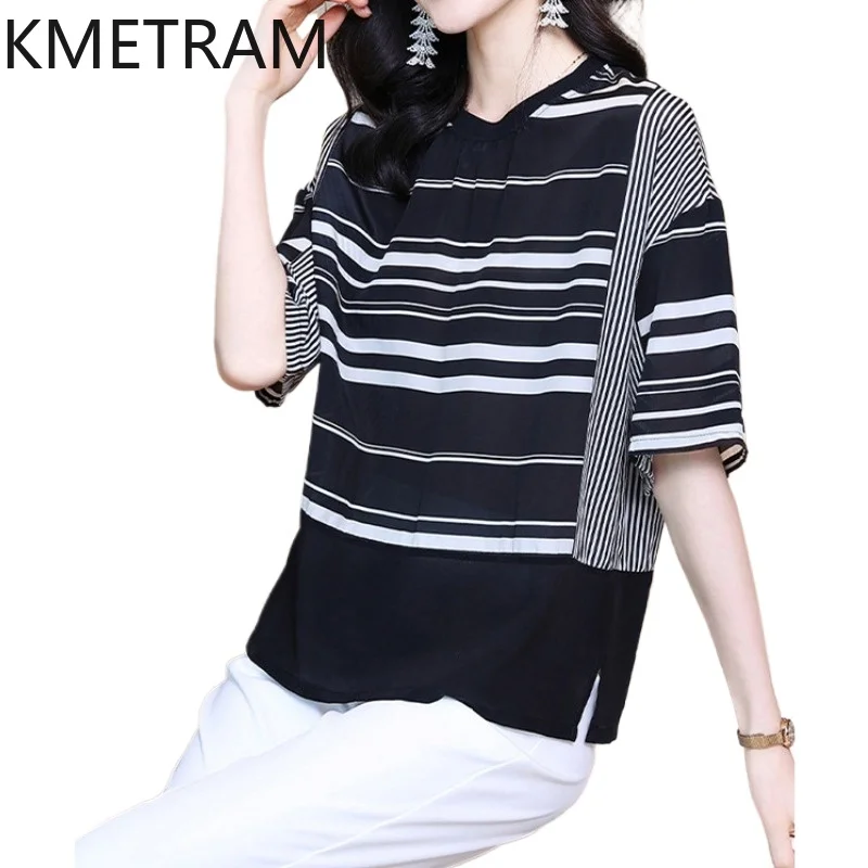 

KMETRAM 100% Mulberry Silk Women T Shirts Casual Striped T Shirt Loose Batwing Sleeves Summer Tops for Woman Clothes 2026 ropa