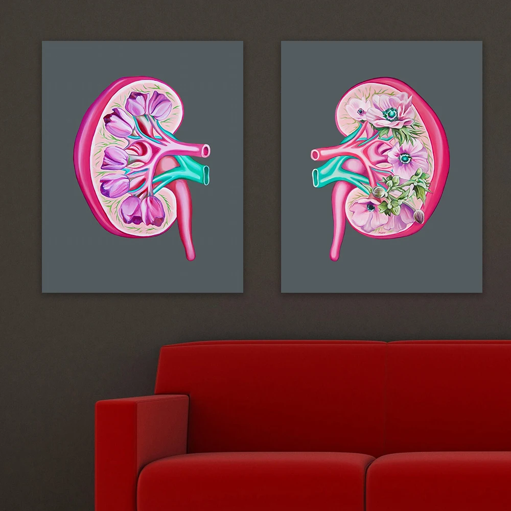 Affiche imprimée sur toile : Art anatomique du corps humain, Art médical, Thème : Transplantation rénale (motif fleur et tulipe), Art de charité pour la transplantation rénal