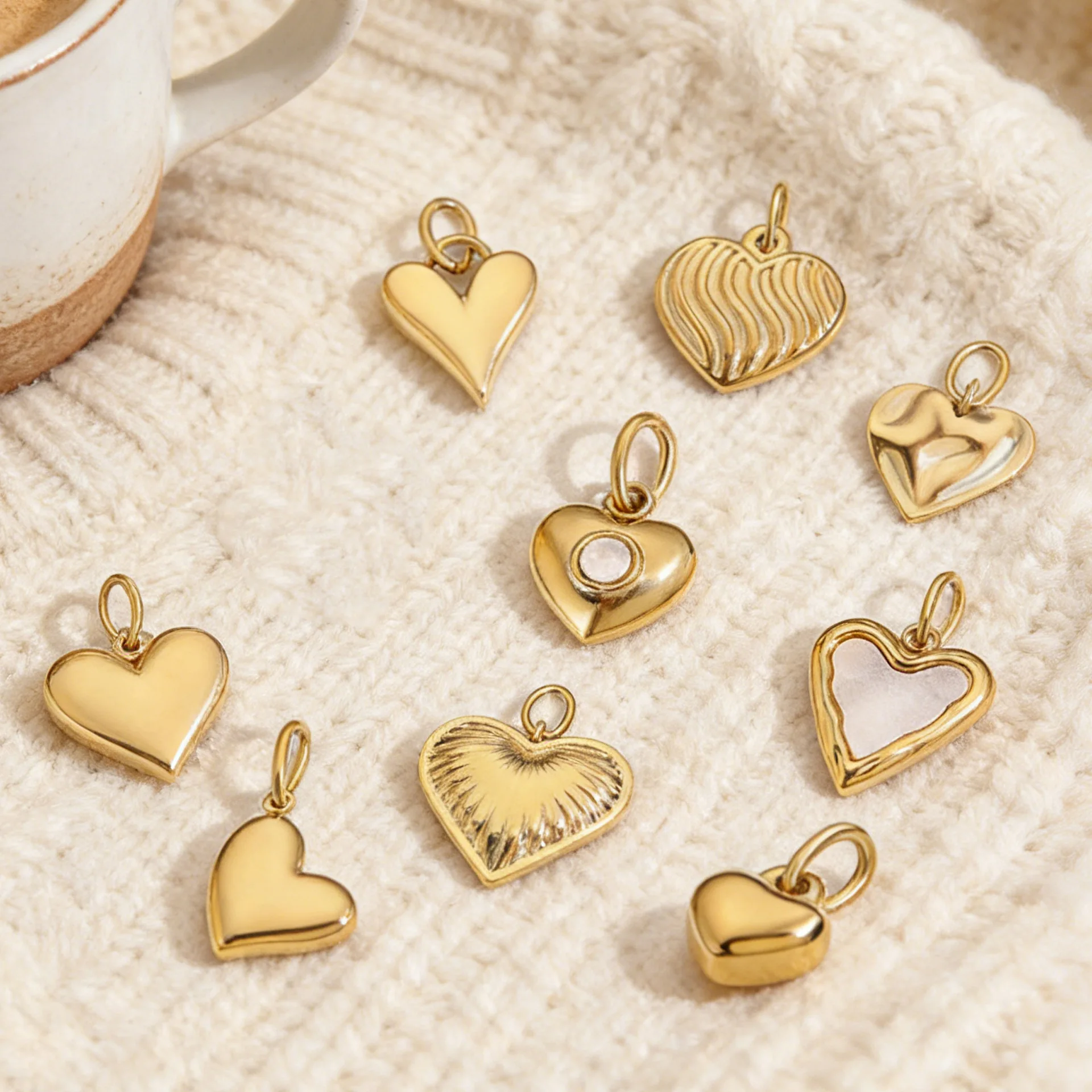 14K Gold Plated Stainless Steel Heart Pendant Mix Styles Shell Inlay Puffy Smooth Textured Heart Charms for Necklace Jewelry