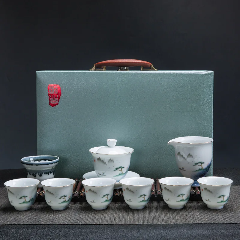 Dehua White Porcelain Manufacturer Hand-painted Gaiwan Sheep Fat Jade Tea Set Business Annual Meeting Gift Box with PrintingLOGO
