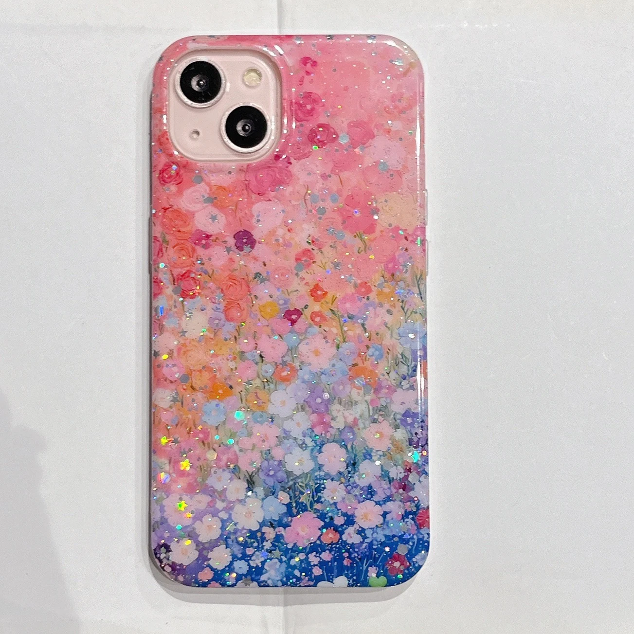 Coreano ins primavera vibração brilhante estampas florais cor gradiente caso de telefone para iphone 16 15 14 13 pro max volta capa do telefone capa