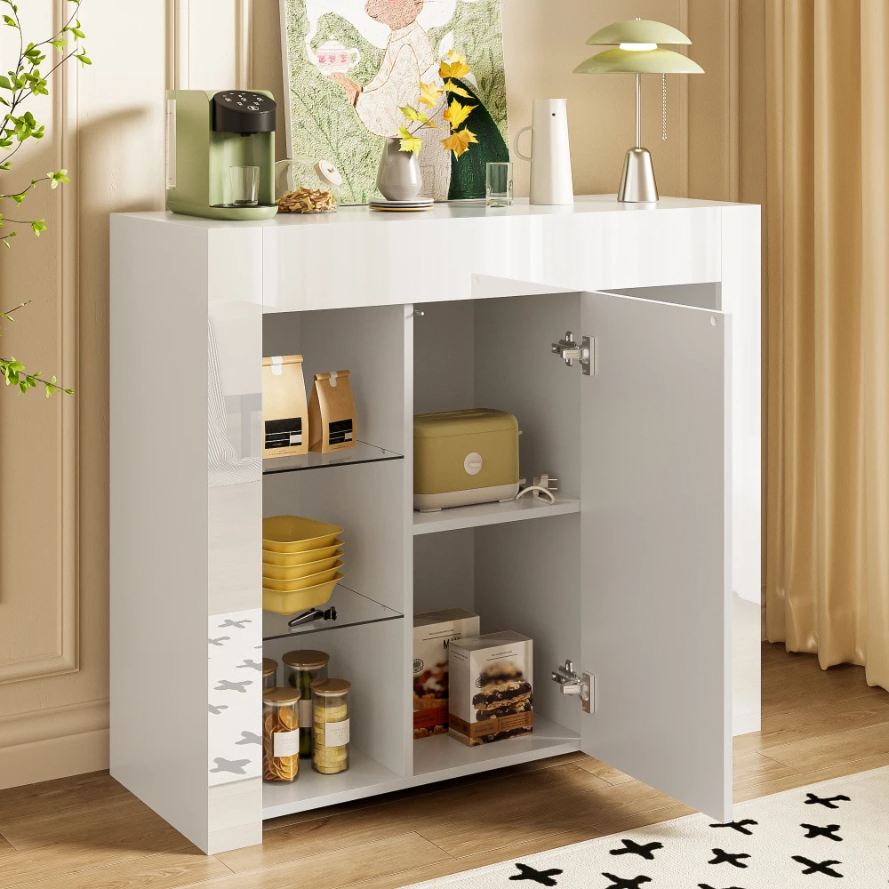 Morden Schwarzes Buffet mit Hochglanzfront, kompakte, stilvolle Aufbewahrungslösung mit Glasböden und Schranktür für das Wohnzimmer – Detail 27