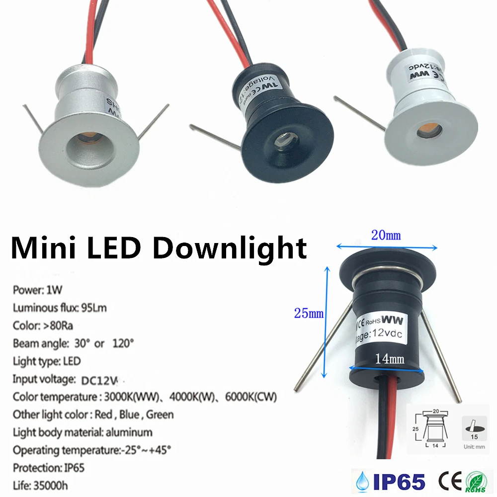 Mini Dimmable LED Downlight com Motorista, Jóias, Vinho Gabinete Luzes, Recesso Projector de Teto com Motorista, Vermelho, Verde, Azul, 12V, 1W