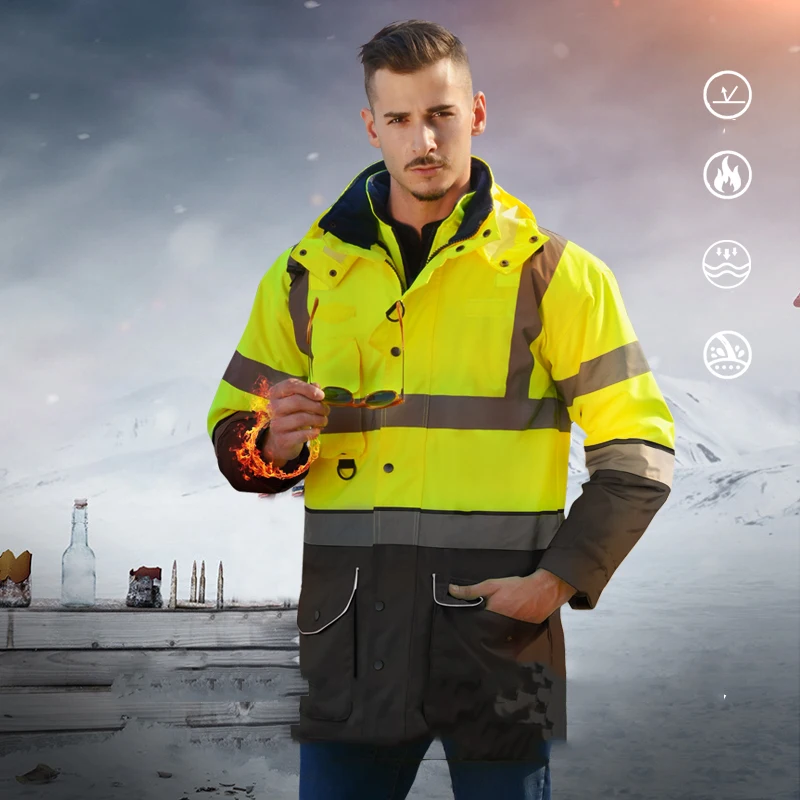 

High Visibility EN20471 ANSI 107 Class III Reflective Jacket Removable Detachable 7 In 1 Parka Jacket Winter Safety Jacket