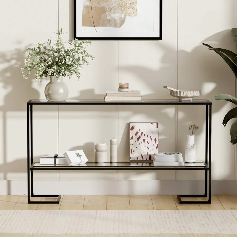 

Console Table, 2-Tier Narrow Tempered Glass Sofa Table with Metal Frame for Living Room, Hallway, Bedroom, Black