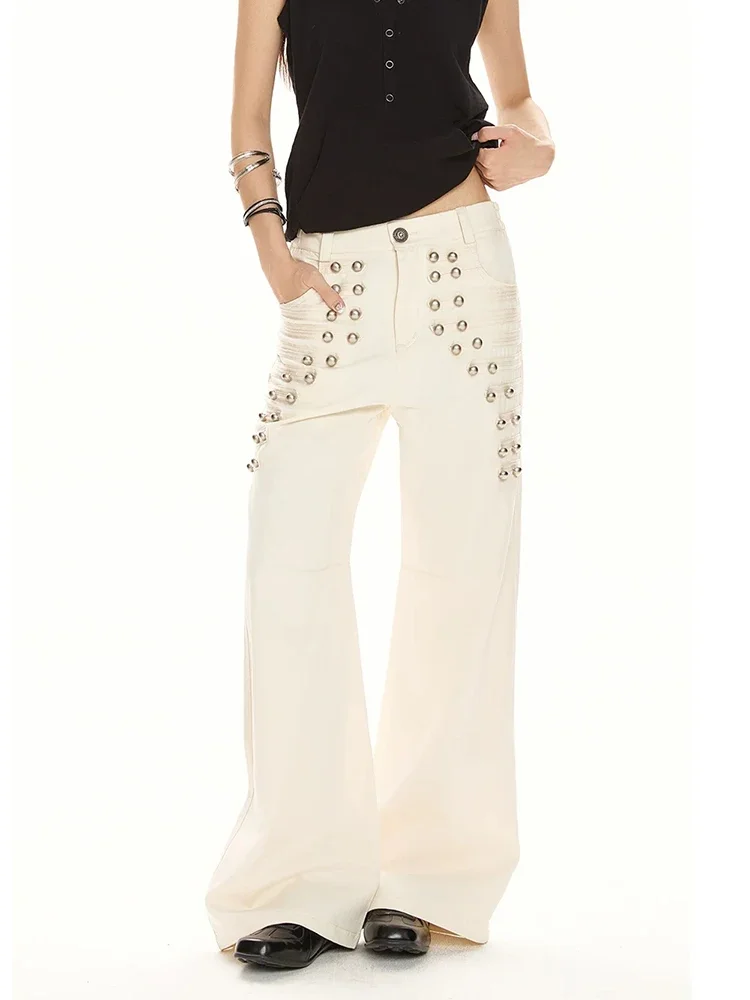 IMU Royal Buttons Wide Leg Jeans Women Vintage Pintuck Elastic Waist Loose Fit Straight Denim Trousers Causal Streetwear