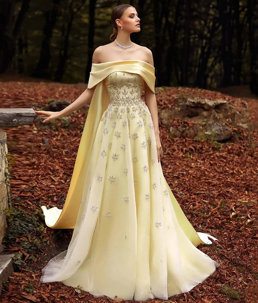 

MCDV Customized Graceful Tulle A-Line Off the Shoulder Crystal Evening Dress High Quality Boat Neck Floor Length Prom Gowns