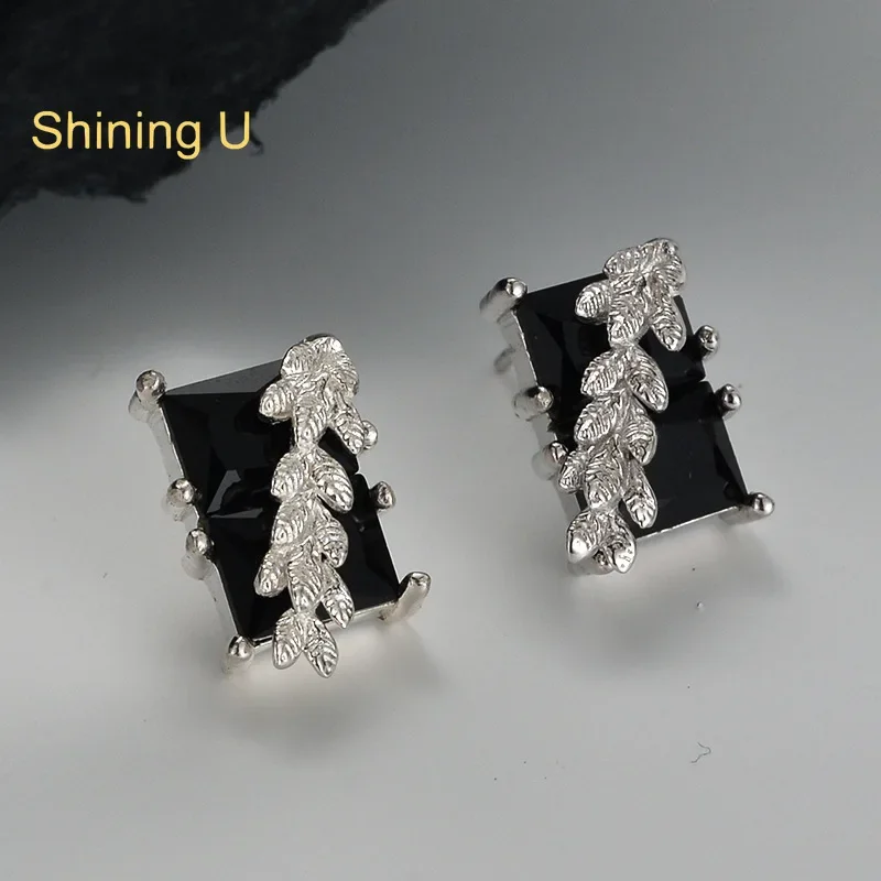 

Shining U S925 Silver Leaves Black Zircon Stud Earrings for Women Fine Jewelry Summer