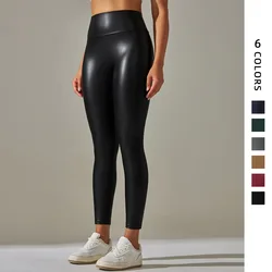 New Europe and the United States elastic PU leather pants female color high-waisted tight outside wearing yoga bottoming pants