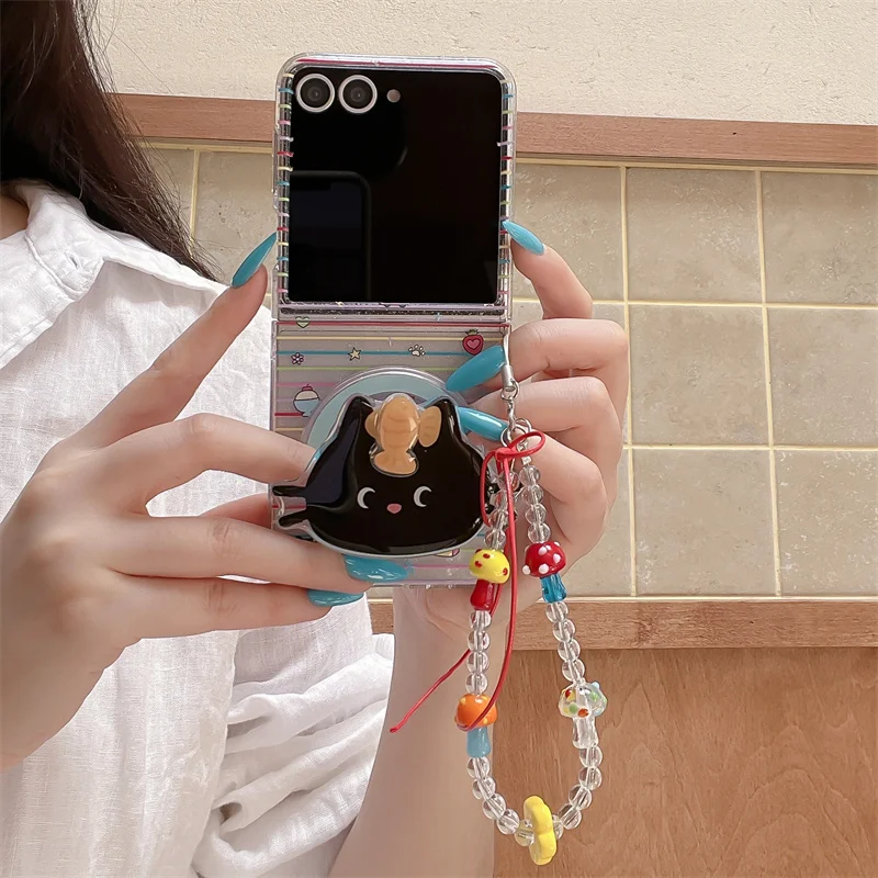 3D Cute Black Cat Rainbow Bead Chain Phone Case For Samsung Galaxy Z Flip 8 5 6 7 Z Flip8 Clear Protective Cover With Magsafe