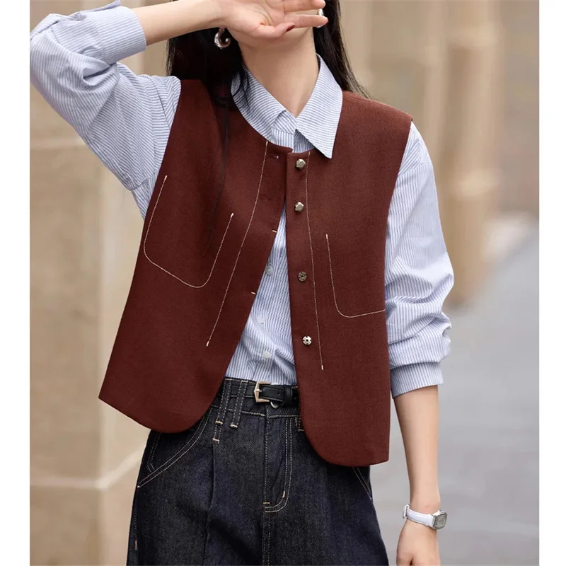 

Cardigan Women's Jackets Women's Vest New Fashion Round Neck Single-breasted Short Suit Vest Coat Spring new Retro Vest Coat