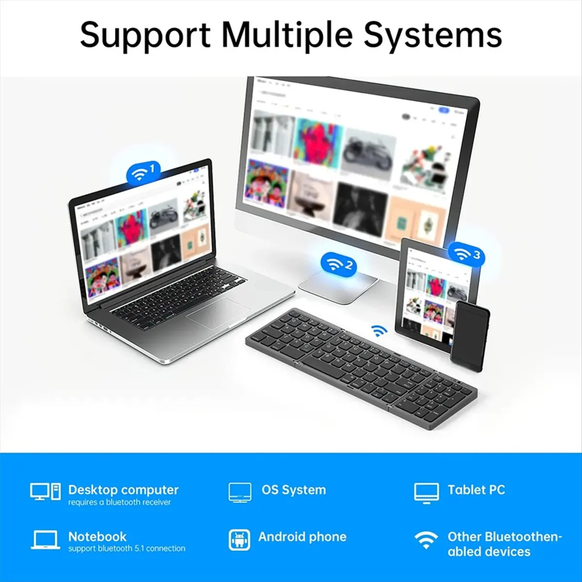 Stable- Foldable Wireless Bluetooth Keyboard Rechargeable Folding Keyboard for Mobile Tablet Notebook Office Mini Keyboard
