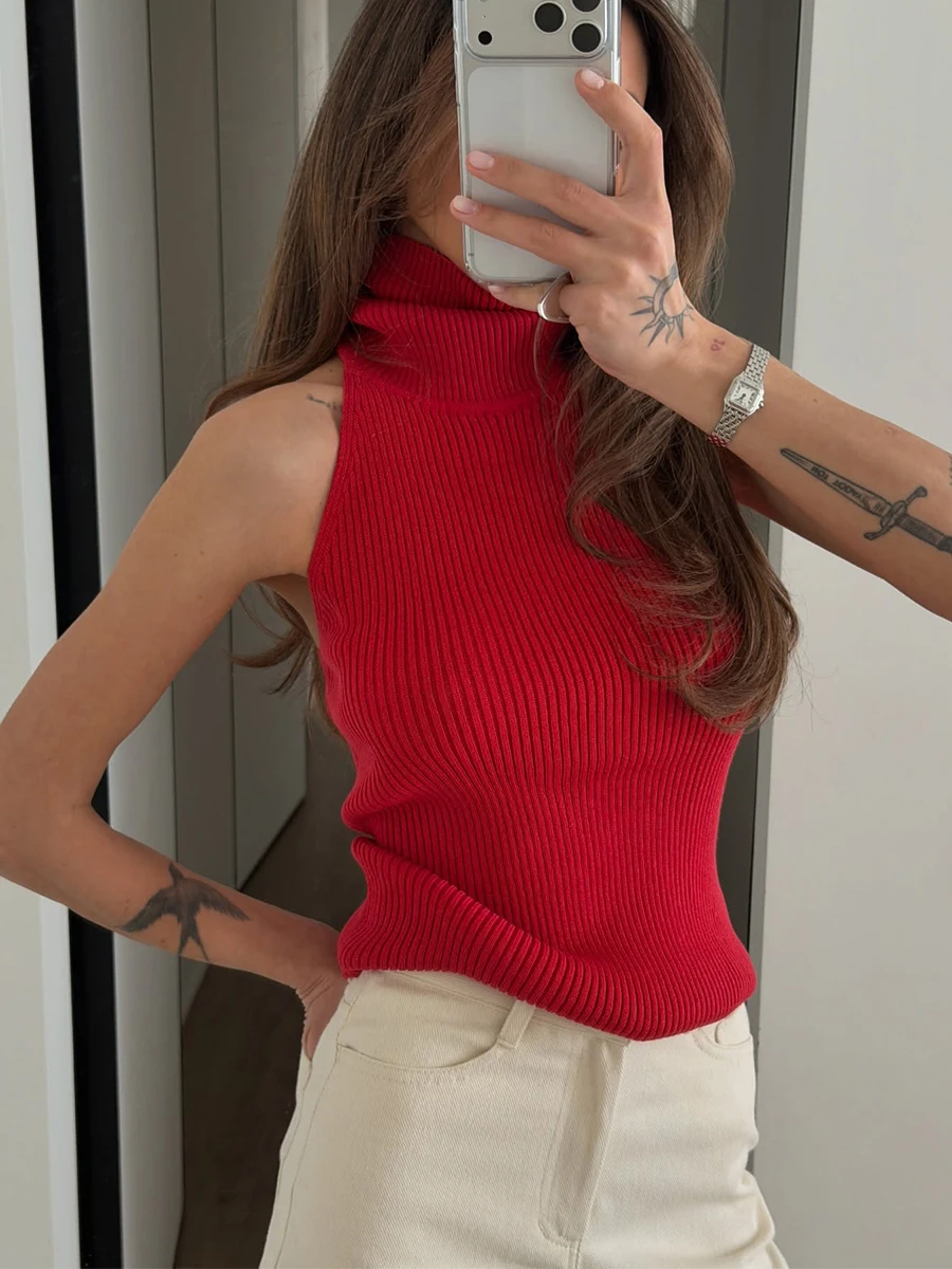 LIinar Backless Sleeveless Tank Top 2026 Spring Summer Sexy Figure-Hugging Backless Knit Top High-Neck Vest for Women