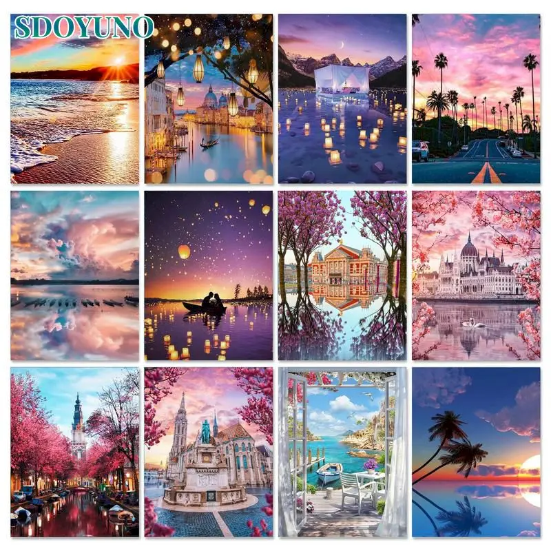 

GATYZTORY Diamond Painting Lakes Landscape Full Square Diamond Embroidery Pink Scenery Mosaic Creative Hobbies For Adults