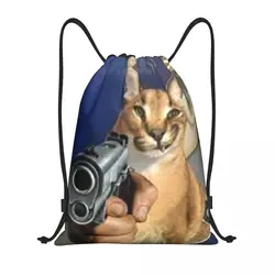 Big Floppa Gangsta Cat Drawstring Backpack Sports Gym Bag for Women Men Training Sackpack