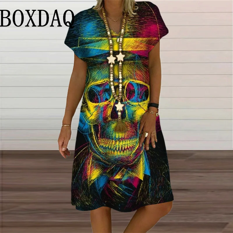 Tie Dye Painted Skull Print Dress Women Fashion Streetwear Hip Hop Dress Short Sleeve V-Neck Loose Plus Size Casual Summer Dress