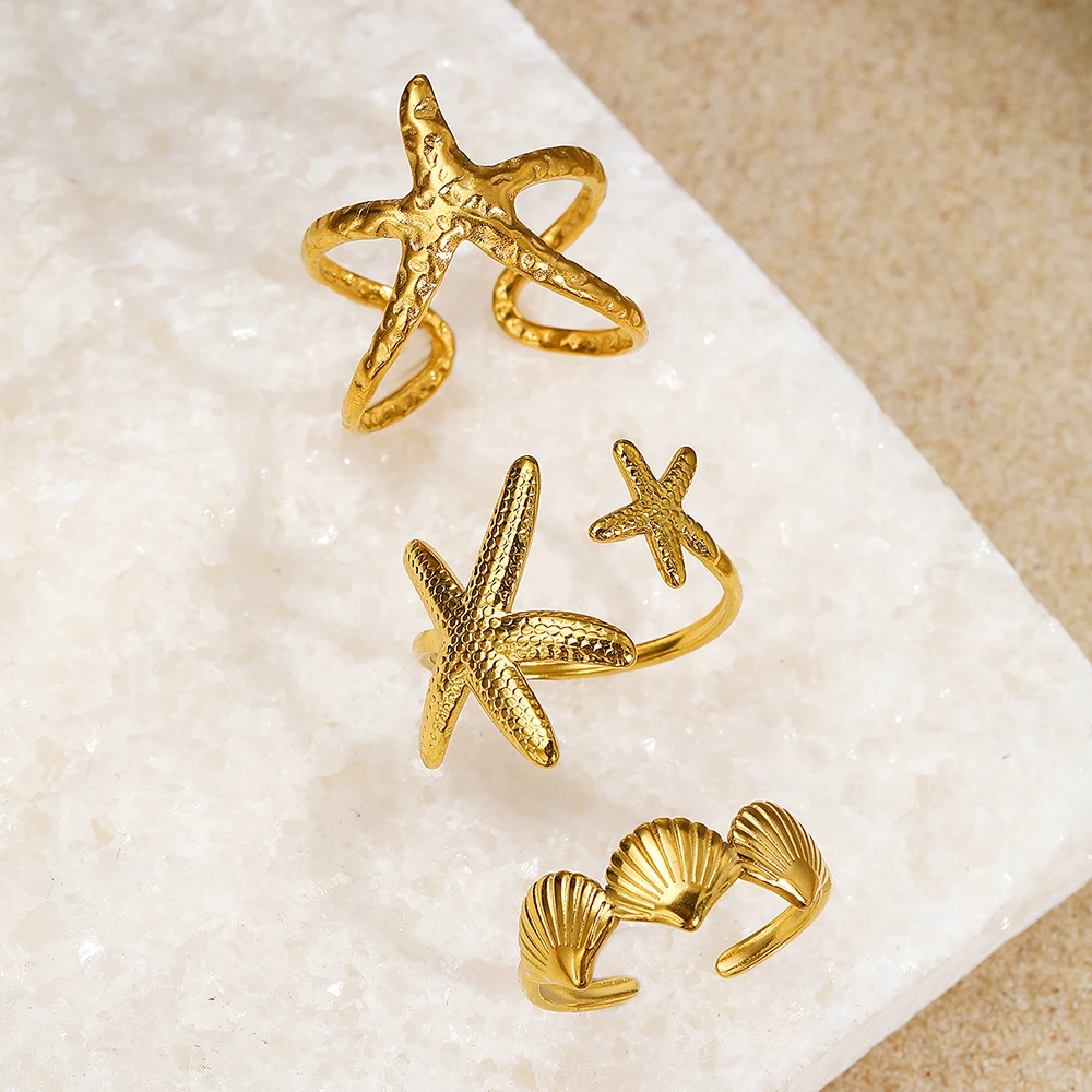 DGIDDK Stainless Steel Ring Set of 4 Resort Style Starfish Shell Women's Rings Summer Sunshine Beach Party Jewelry Gifts