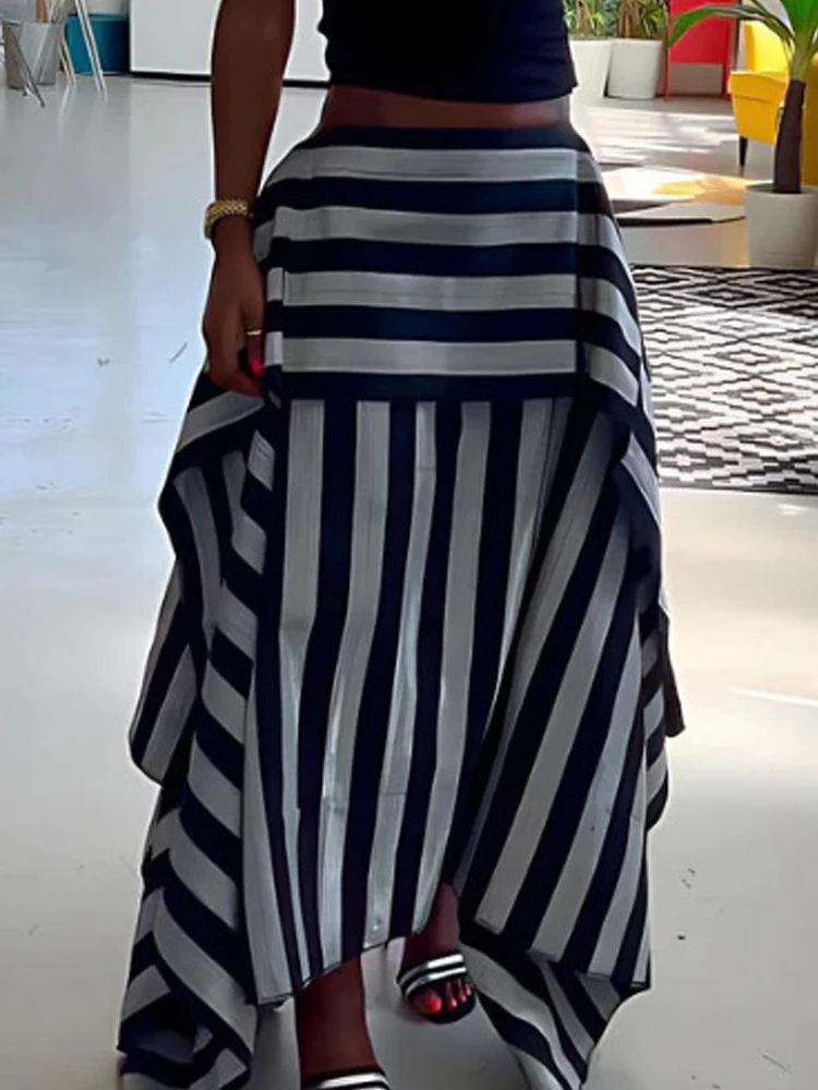 Women Striped Maxi Skirt High Waist Asymmetric Irregular Hem Color Block Stripe Print Skirt Casual Party Streetwear A‑Line Skirt