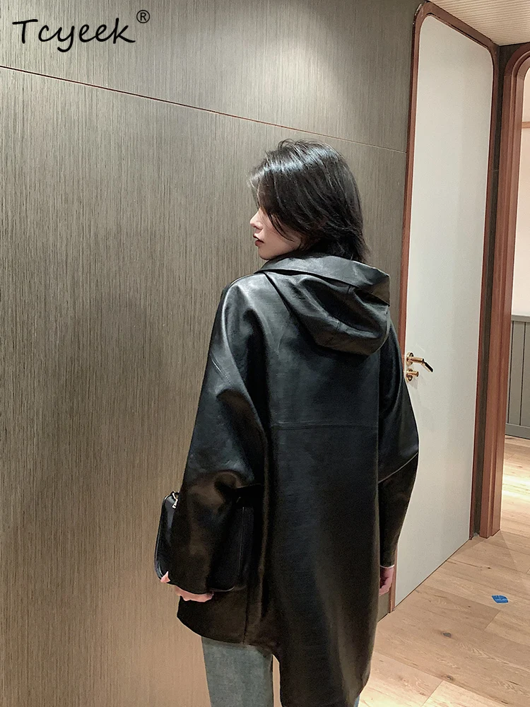 Tcyeek piel de oveja auténtica primavera otoño moda cuello cuadrado negro con capucha longitud media chaqueta de cuero genuino para mujer chaqueta Couro