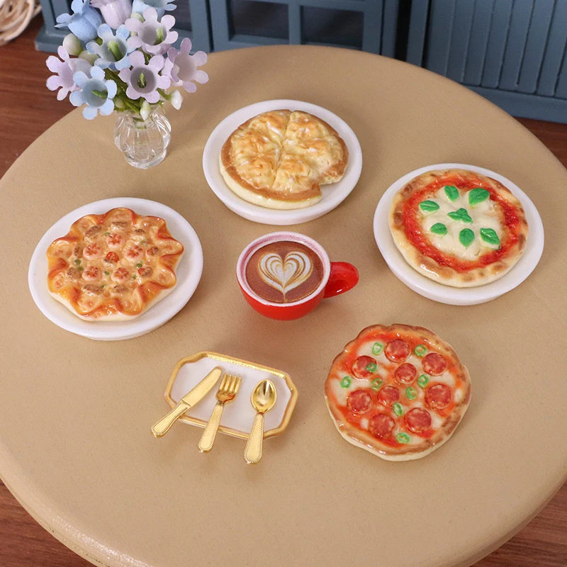 

7pcs DIY Dollhouse Miniature Pizza and Silverware Set Toy Accessories