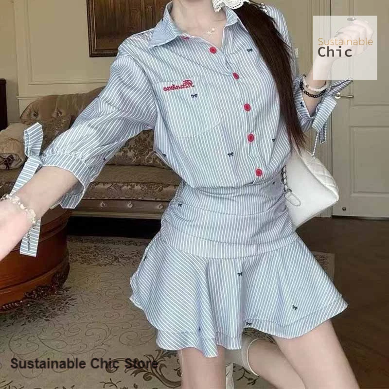 

Korean college wind-strong striped waist lapel shirt dress women's spring and summer new casual ruffled wild pleated skirt
