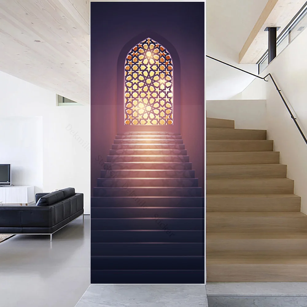 PVC Self-adhesive Removable Muslim Arabic Door Sticker Allahu Islamic Wallpaper Living Room Door Decor 3D Decal Wall Stickers view 6