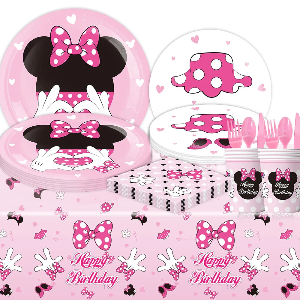 Disney Minnie Mouse Party Decorations Pink Minnie Birthday Tableware Paper Cup Plate Napkins for Girl Birthday Party Baby Shower